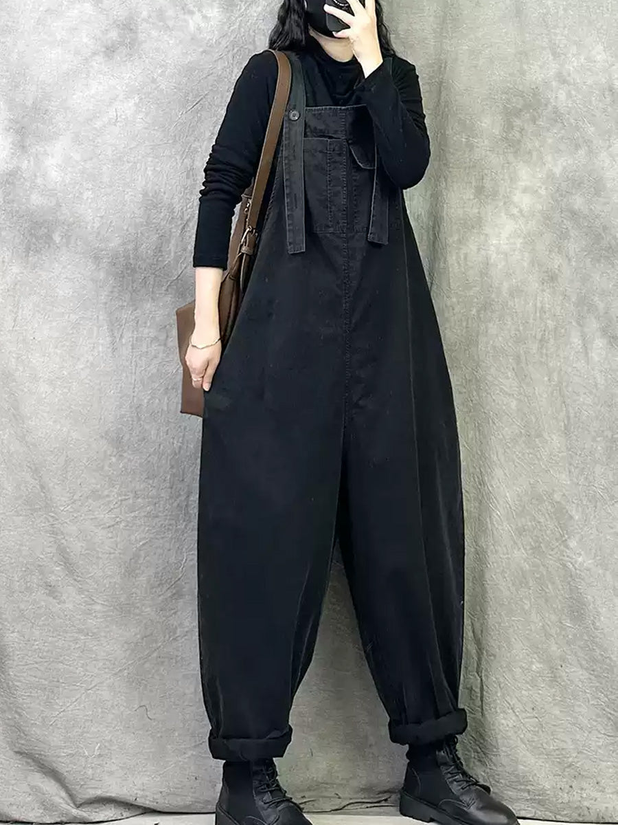 Plus Size Women Spring Casual Pure Color Loose Jumpsuits
