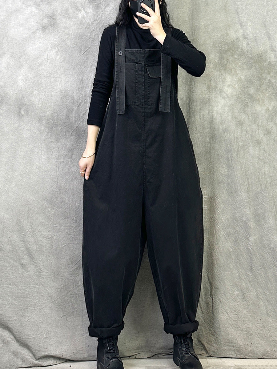 Plus Size Women Spring Casual Pure Color Loose Jumpsuits