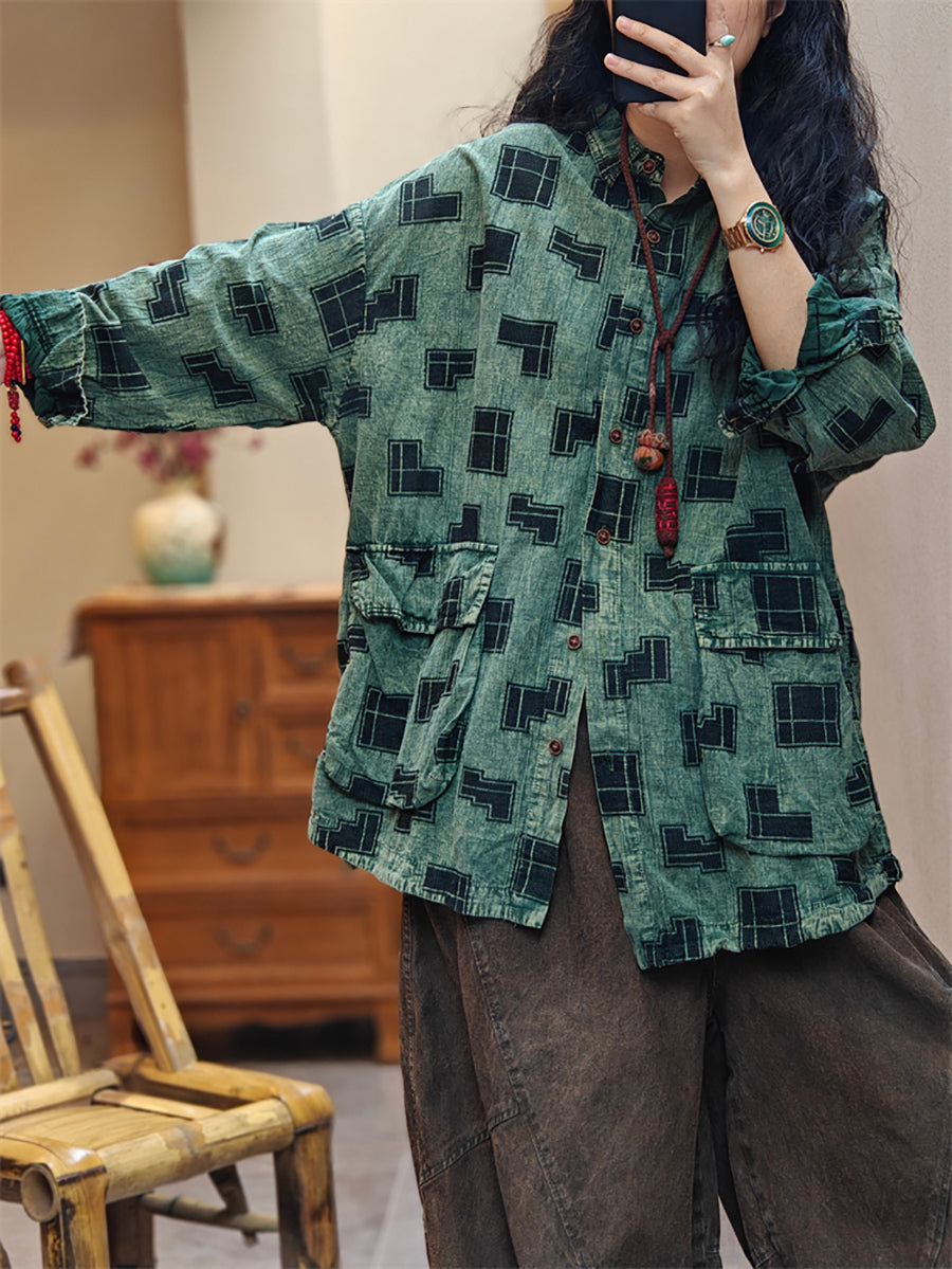 Women Spring Vintage Irregular Geometric Print Shirt