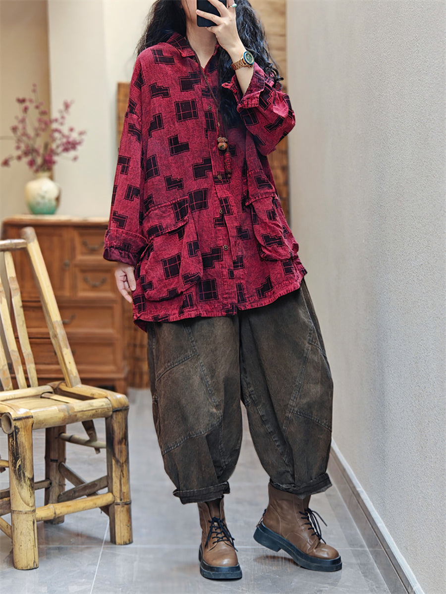 Women Spring Vintage Irregular Geometric Print Shirt