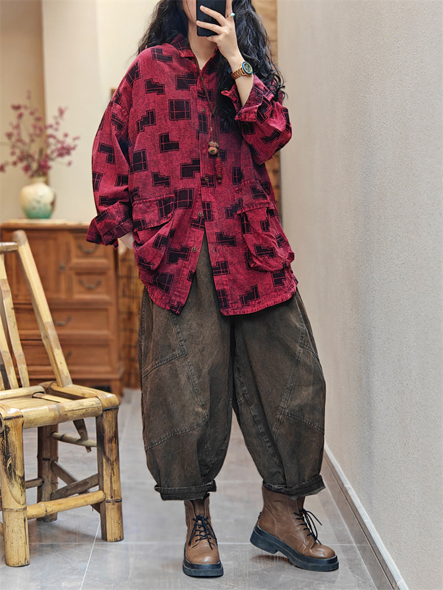 Women Spring Vintage Irregular Geometric Print Shirt