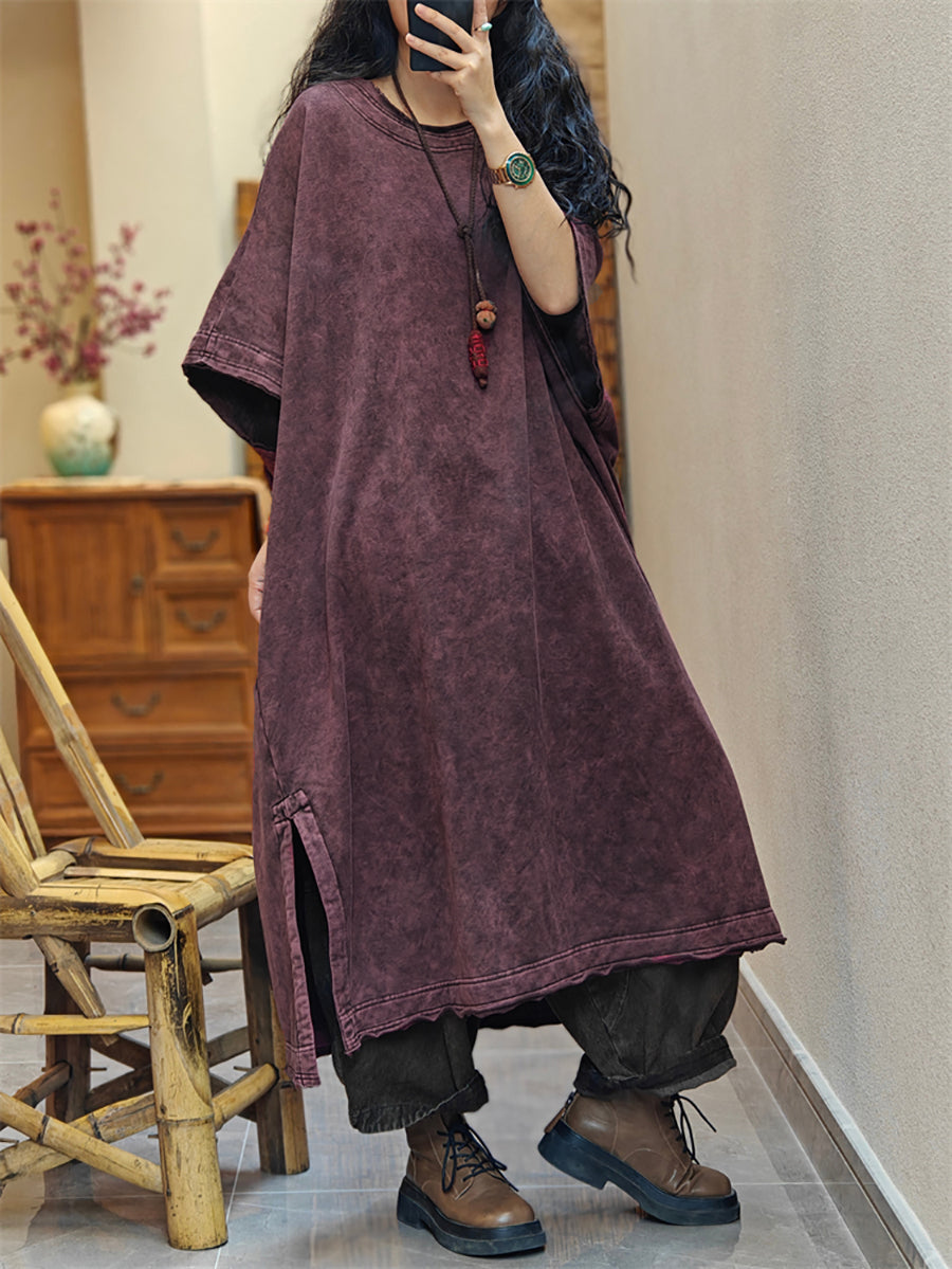 Plus Size Women Vintage Summer Split Hem Cotton Dress
