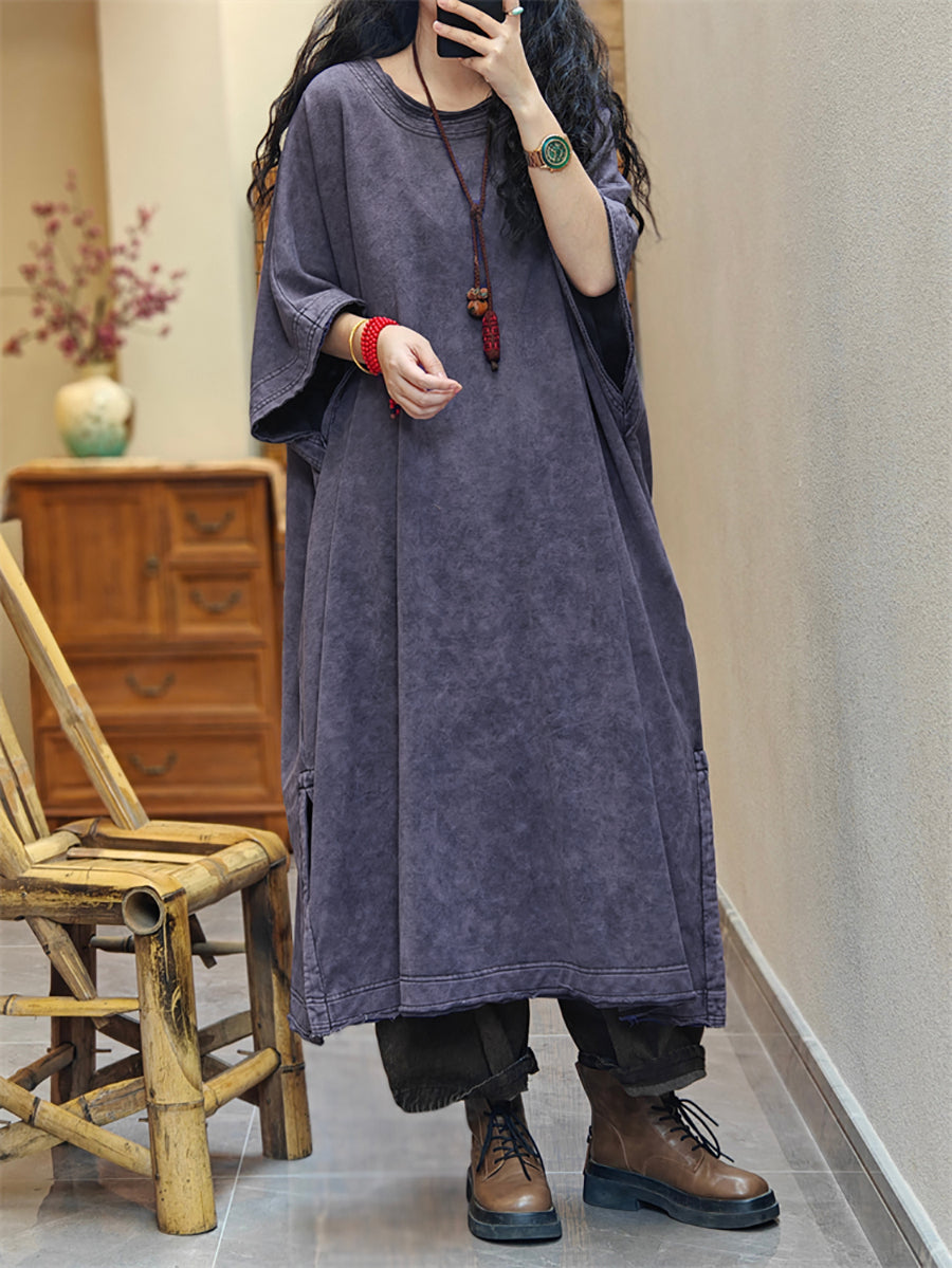 Plus Size Women Vintage Summer Split Hem Cotton Dress