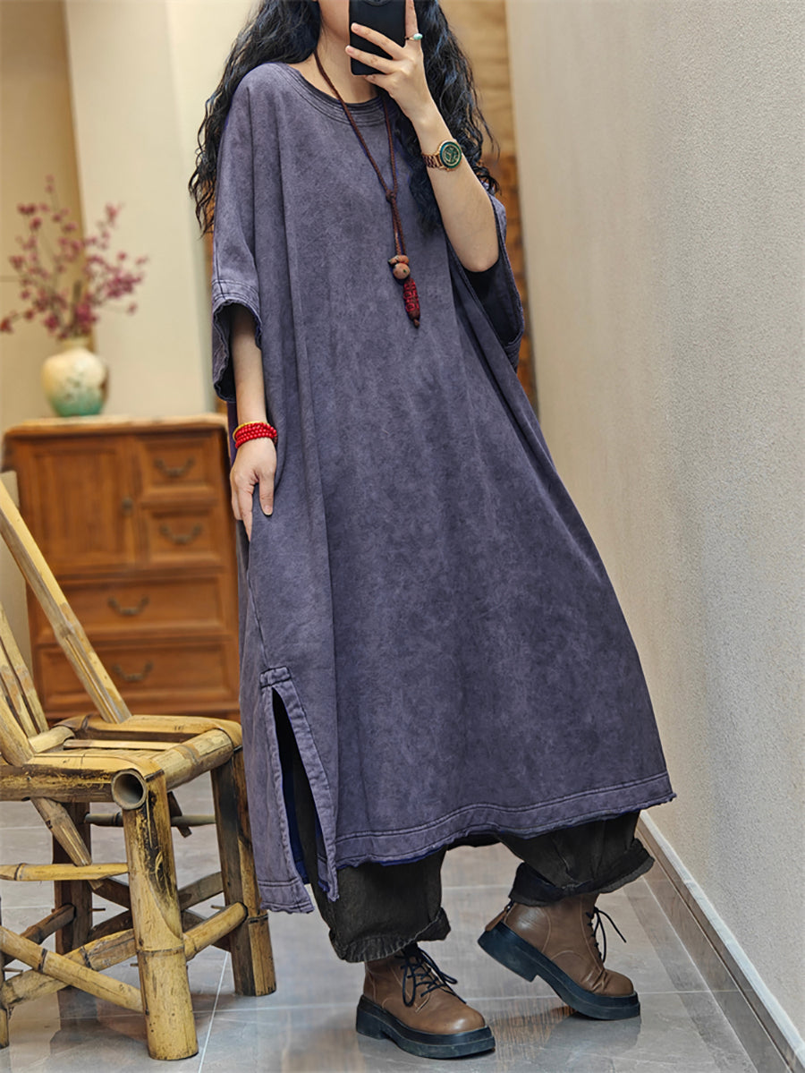 Plus Size Women Vintage Summer Split Hem Cotton Dress