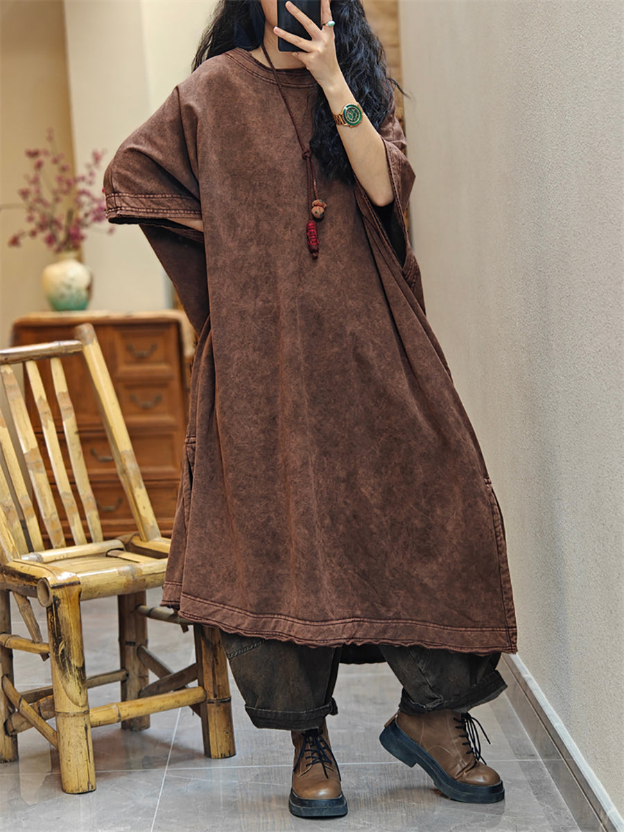 Plus Size Women Vintage Summer Split Hem Cotton Dress