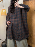 Plus Size Women Spring Artsy O-Neck Flower Ramie Blouse