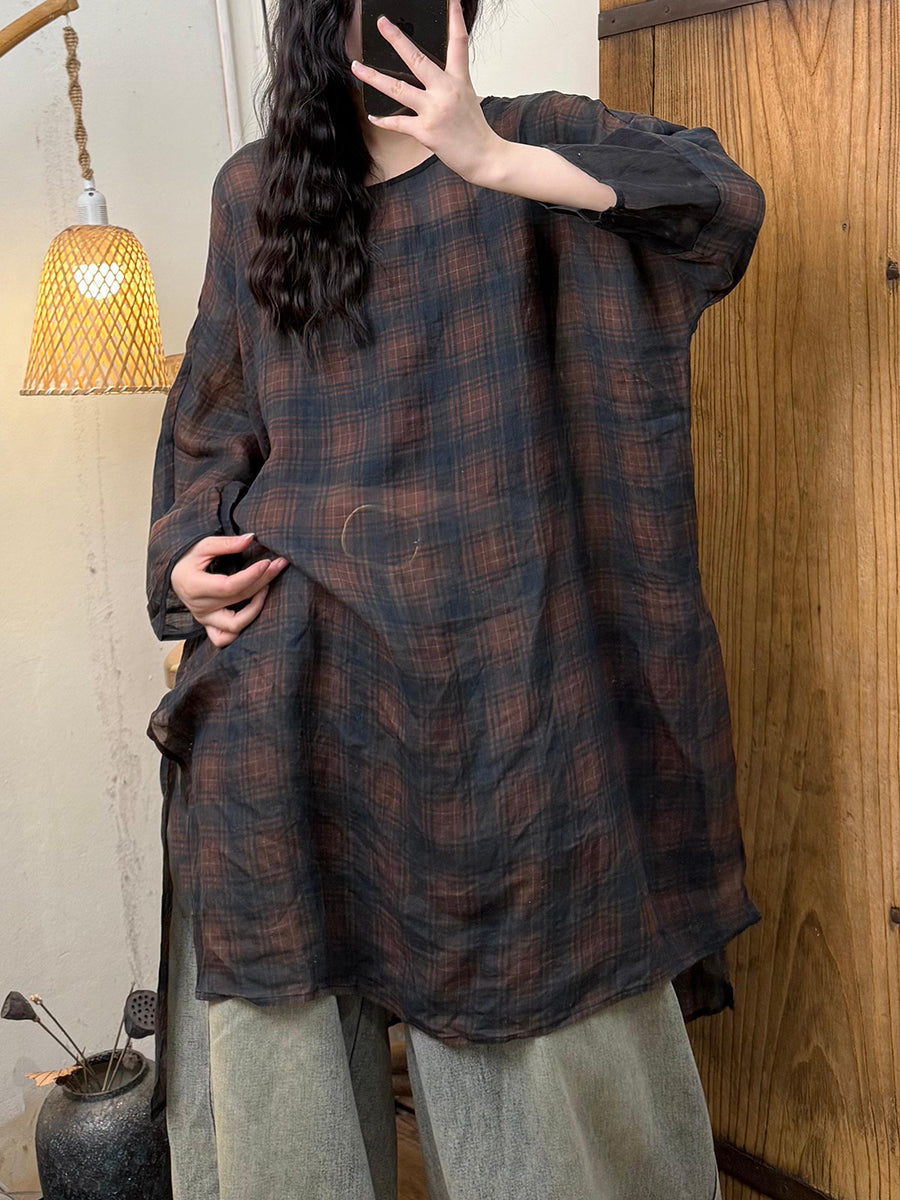 Plus Size Women Spring Artsy O-Neck Flower Ramie Blouse