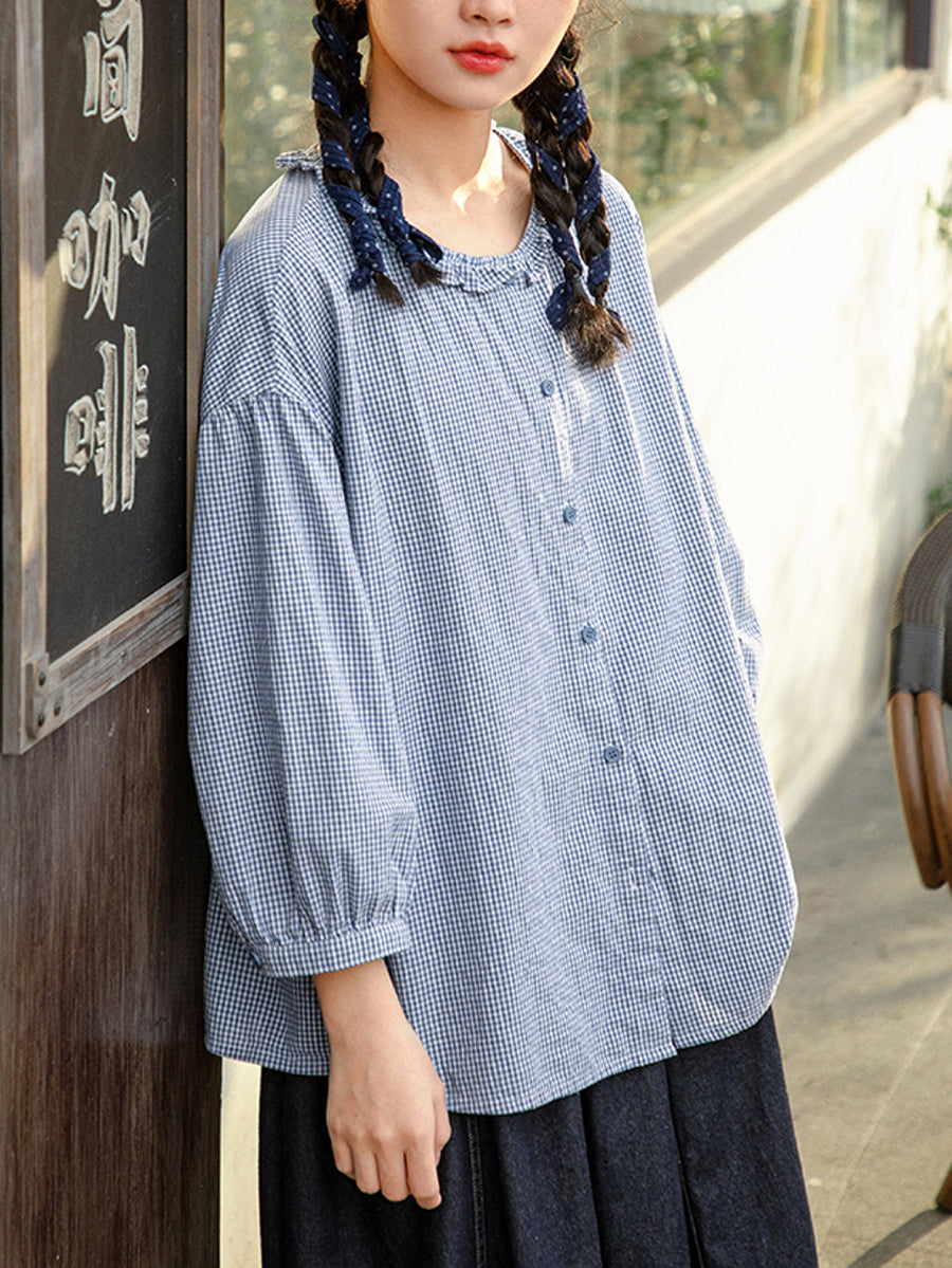 Plus Size Women Summer Lattice Lace Collar 100%Cotton Shirt