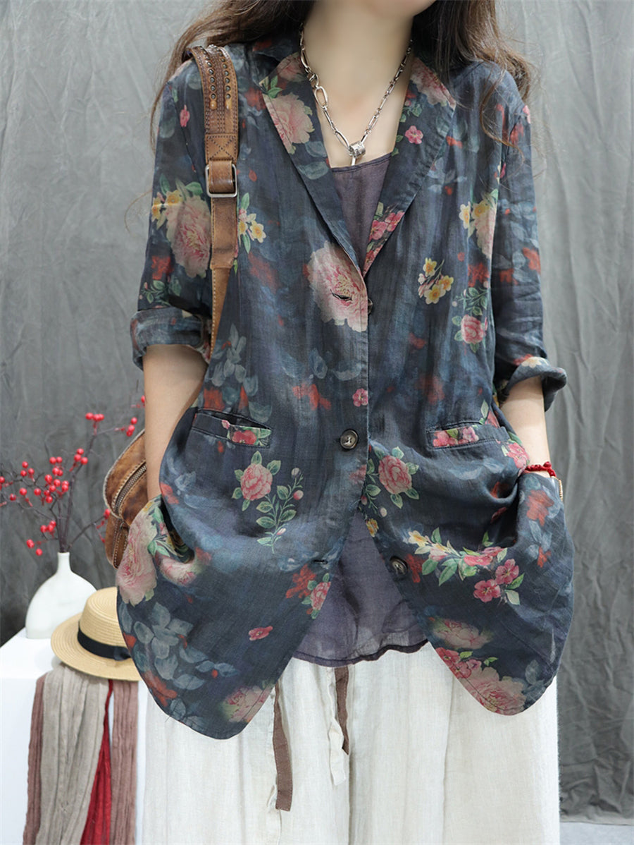 Plus Size Women Summer Vintage Flower Lapel 100%Ramie Shirt