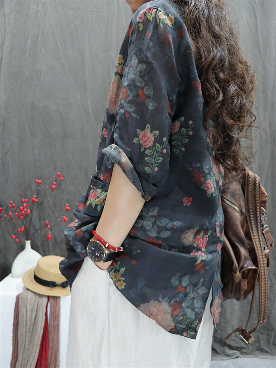 Plus Size Women Summer Vintage Flower Lapel 100%Ramie Shirt