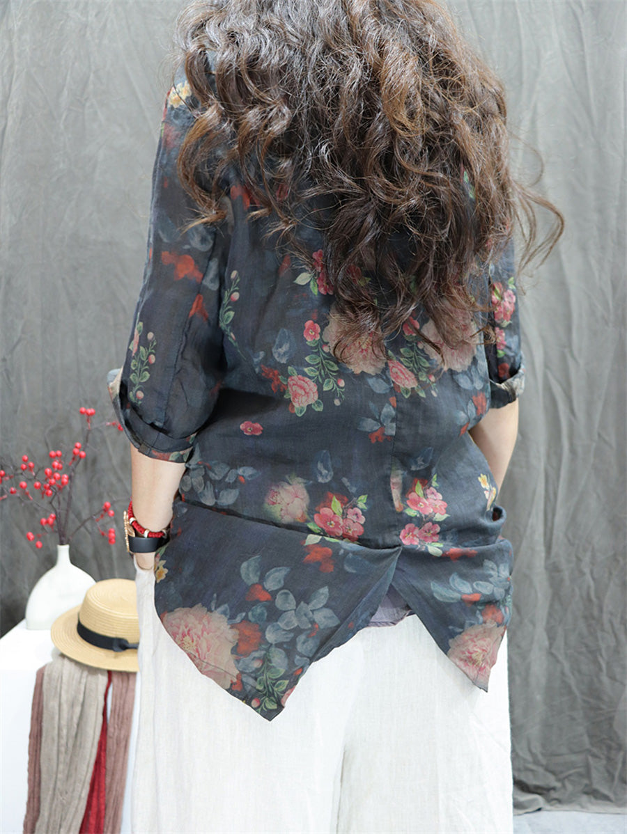 Plus Size Women Summer Vintage Flower Lapel 100%Ramie Shirt
