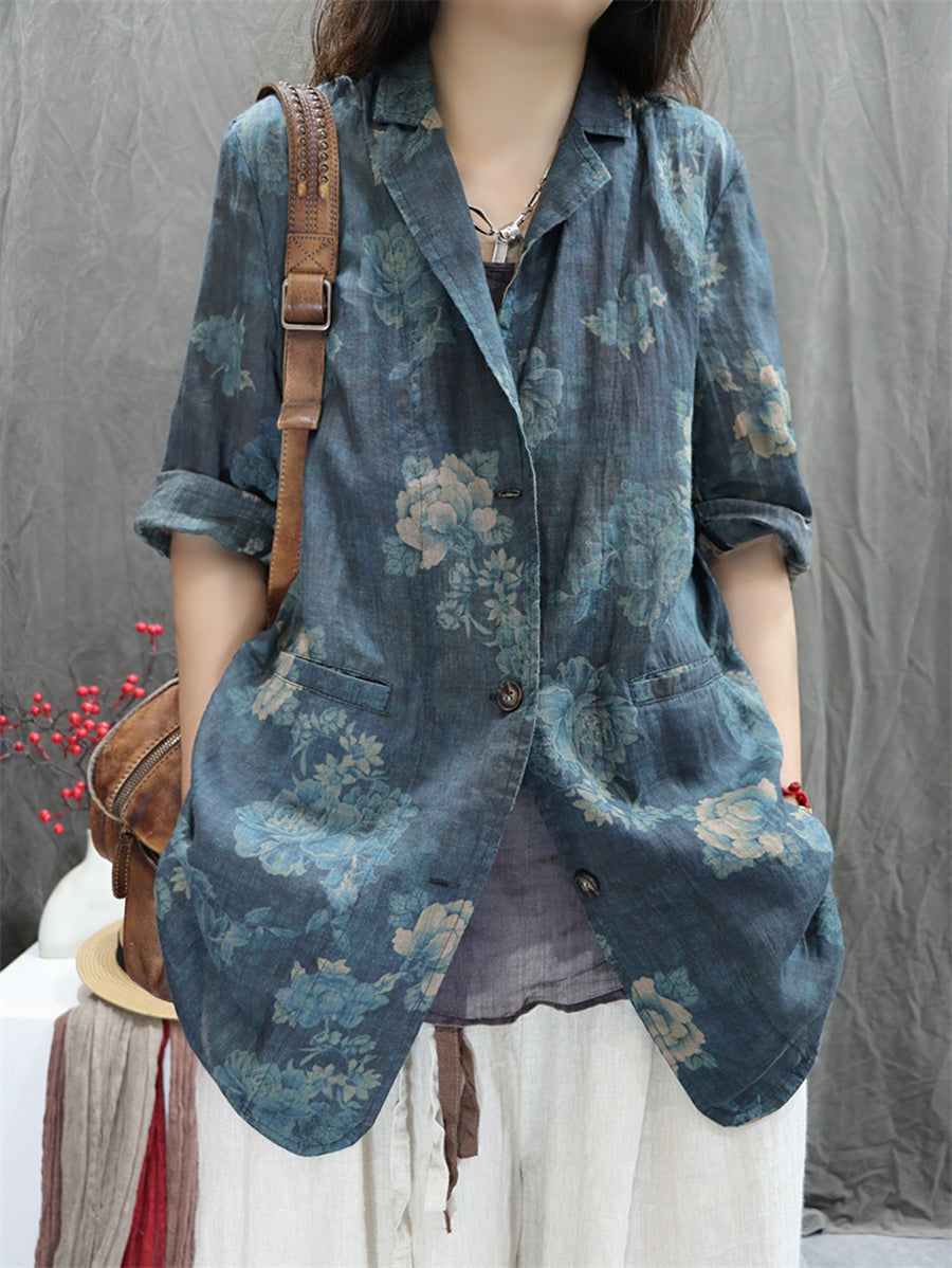 Plus Size Women Summer Vintage Flower Lapel 100%Ramie Shirt