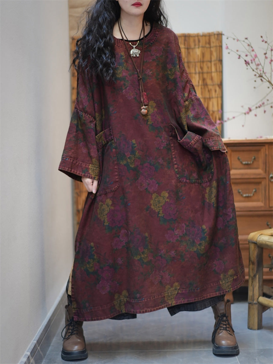 Plus Size Women Autumn Retro Flower O-Neck Maxi Dress