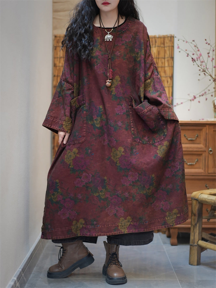 Plus Size Women Autumn Retro Flower O-Neck Maxi Dress