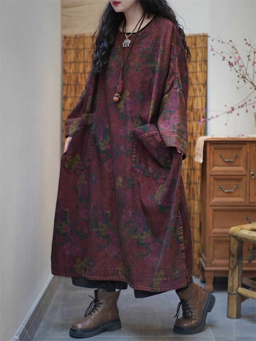 Plus Size Women Autumn Retro Flower O-Neck Maxi Dress