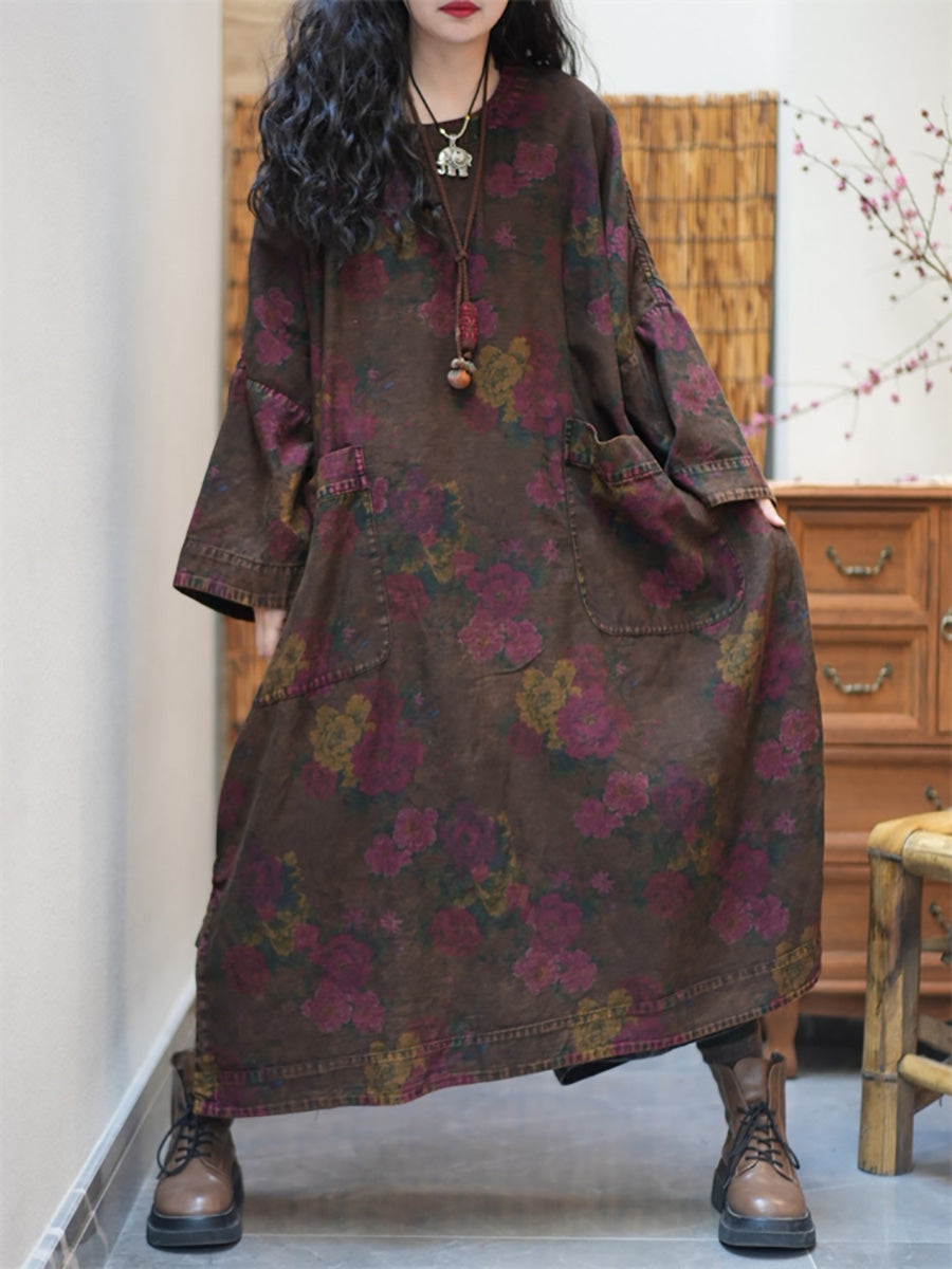 Plus Size Women Spring Retro Flower O-Neck Maxi Dress