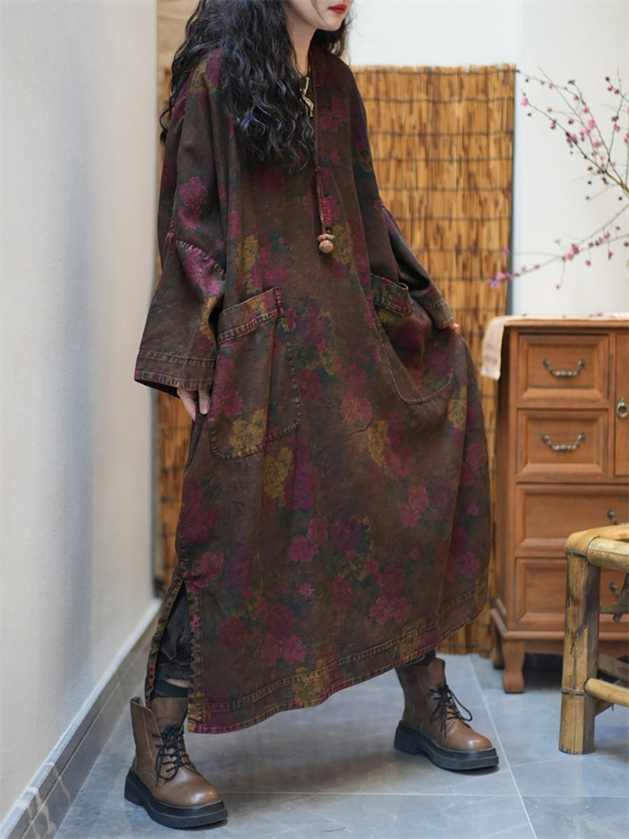 Plus Size Women Spring Retro Flower O-Neck Maxi Dress