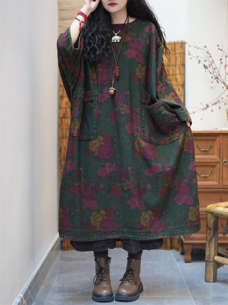 Plus Size Women Autumn Retro Flower O-Neck Maxi Dress