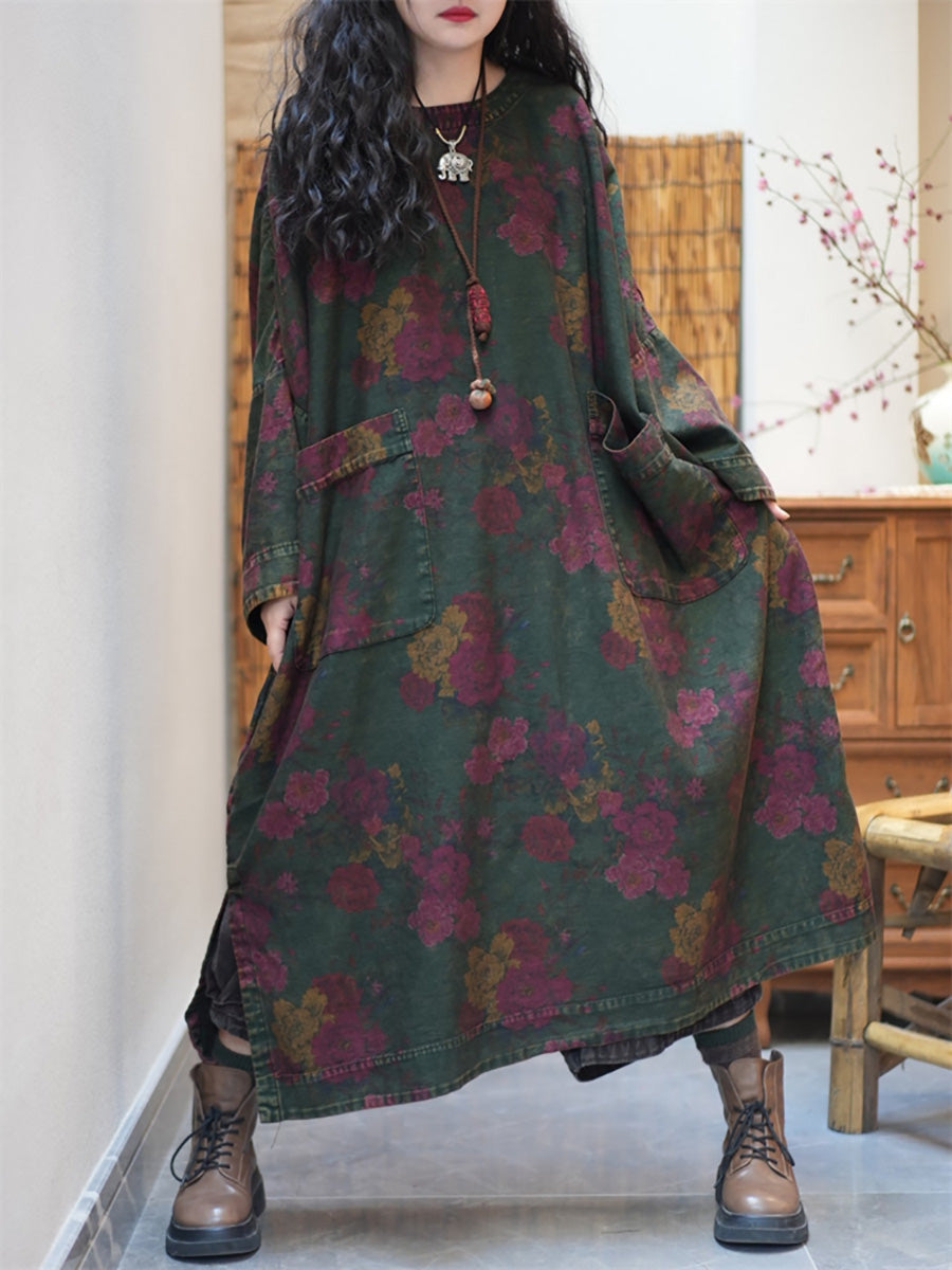 Plus Size Women Autumn Retro Flower O-Neck Maxi Dress