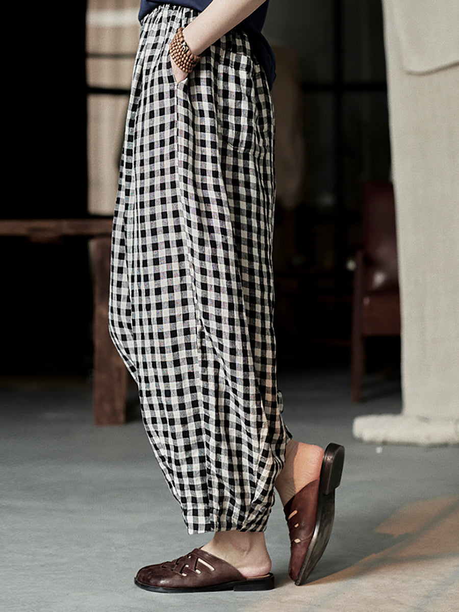 Plus Size Women Spring Casual Plaid Loose Linen Harem Pants