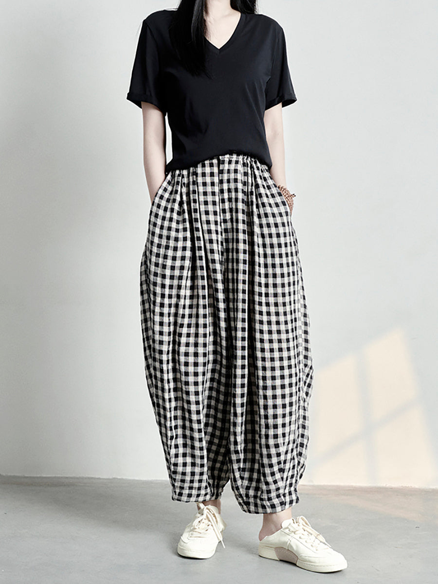 Plus Size Women Spring Casual Plaid Loose Linen Harem Pants