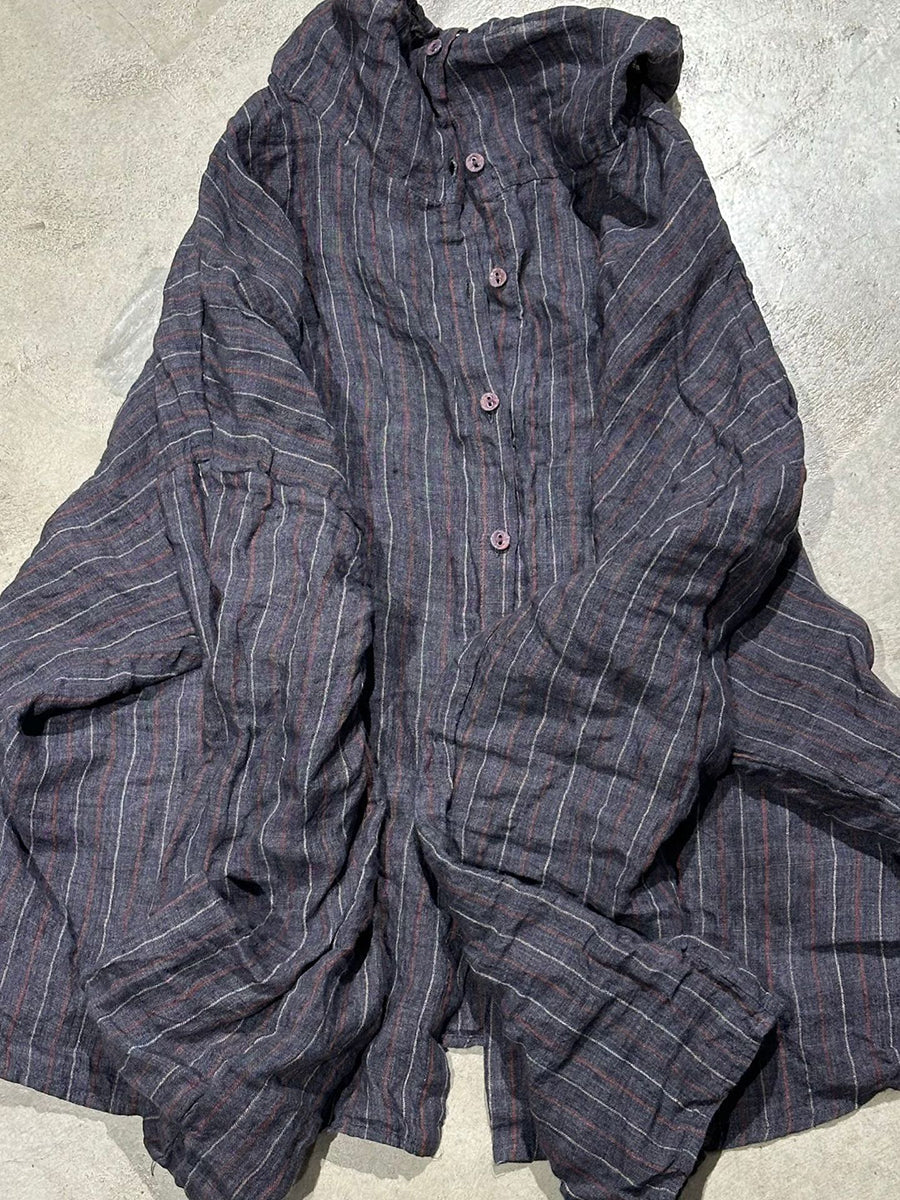 Plus Size Women Retro Spring Stripe Linen Shirt