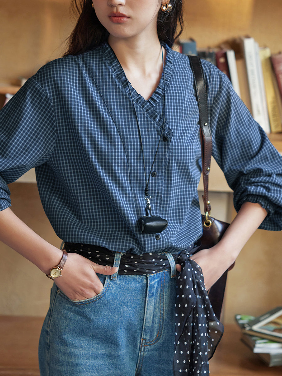 Plus Size Women Spring Plaid V-Neck 100%Cotton Shirt
