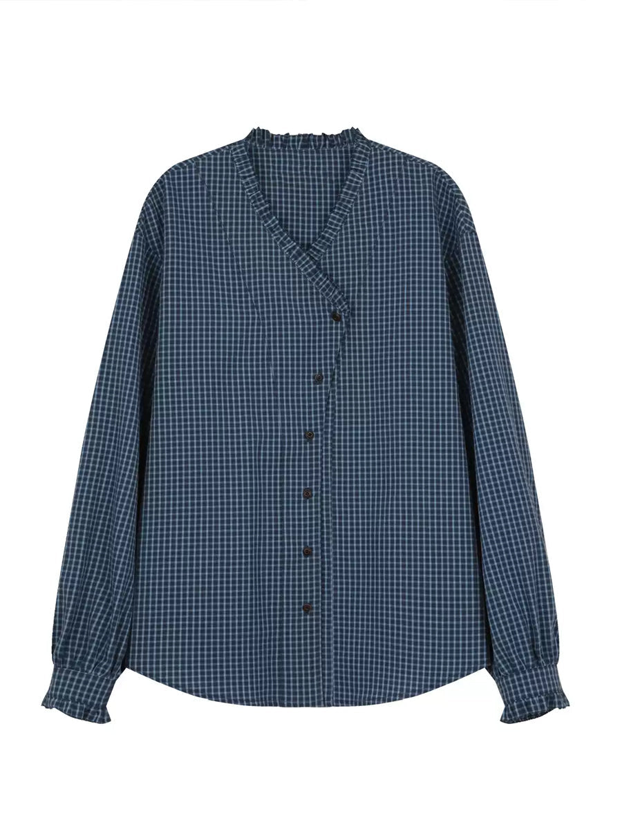 Plus Size Women Spring Plaid V-Neck 100%Cotton Shirt