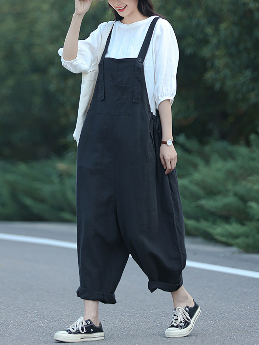 Plus Size Women Summer Casual Pure Color Loose Jumpsuits