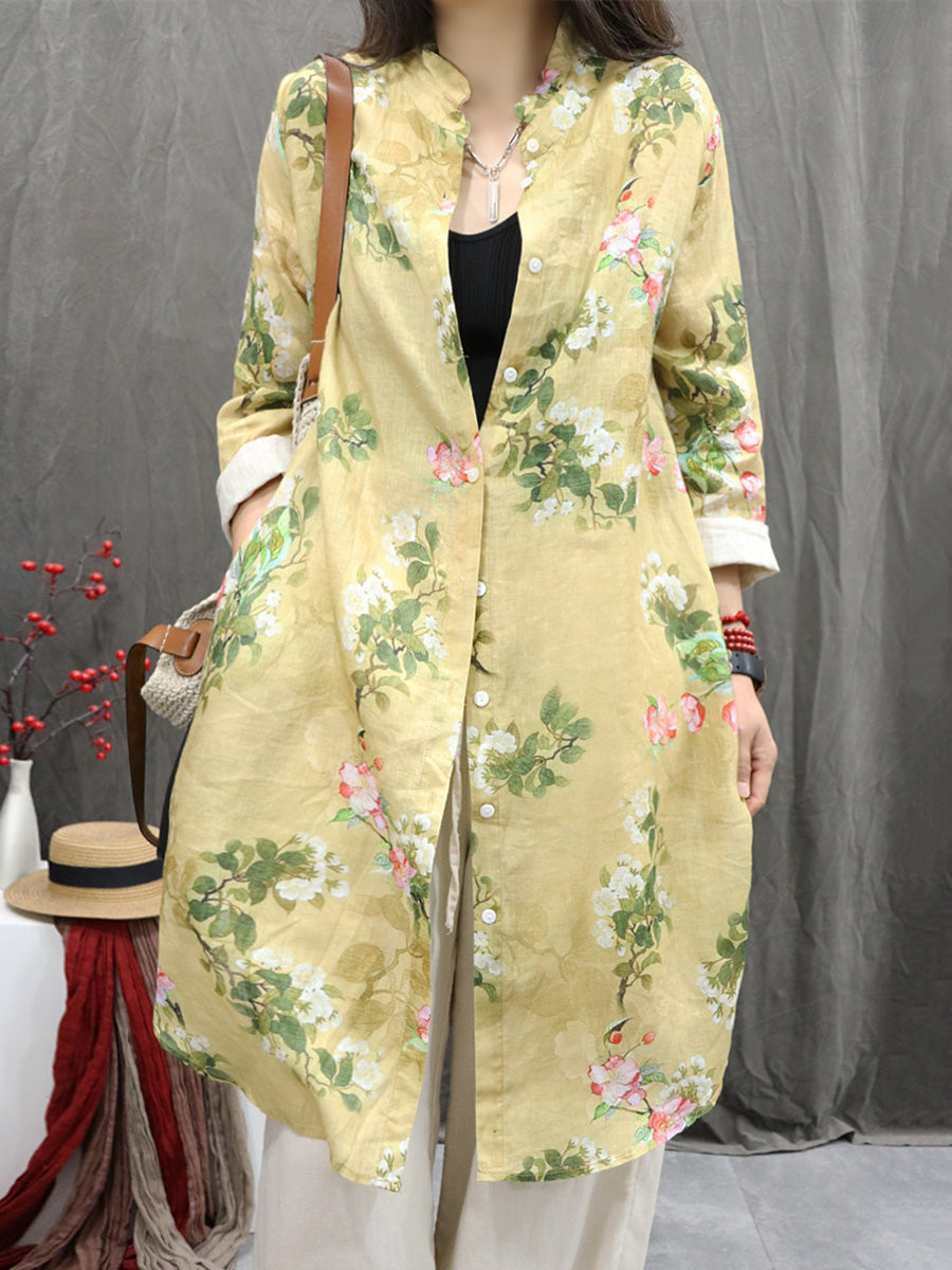 Plus Size Women Vintage Flower Stand Collar 100%Linen Long Shirt