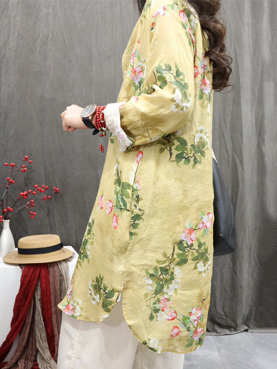 Plus Size Women Vintage Flower Stand Collar 100%Linen Long Shirt