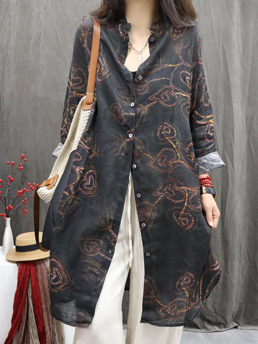 Plus Size Women Vintage Flower Stand Collar 100%Linen Long Shirt
