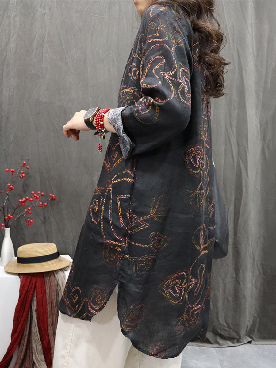 Plus Size Women Vintage Flower Stand Collar 100%Linen Long Shirt
