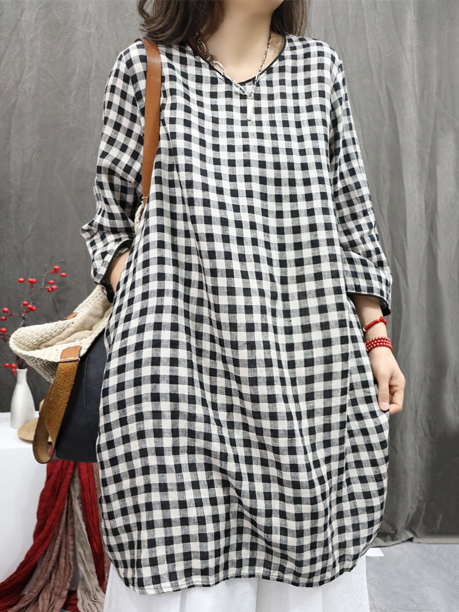 Plus Size Women Vintage Plaid O-Neck Long Blouse