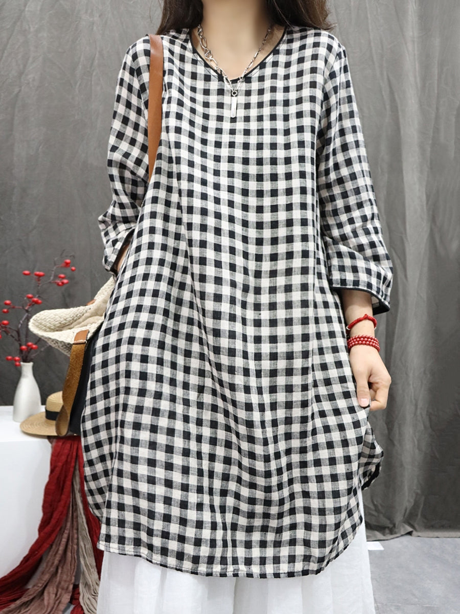 Plus Size Women Vintage Plaid O-Neck Long Blouse