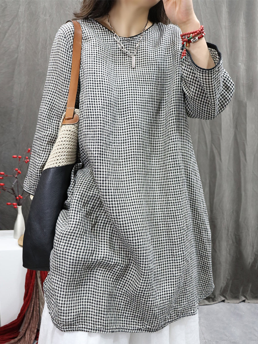 Plus Size Women Vintage Plaid O-Neck Long Blouse