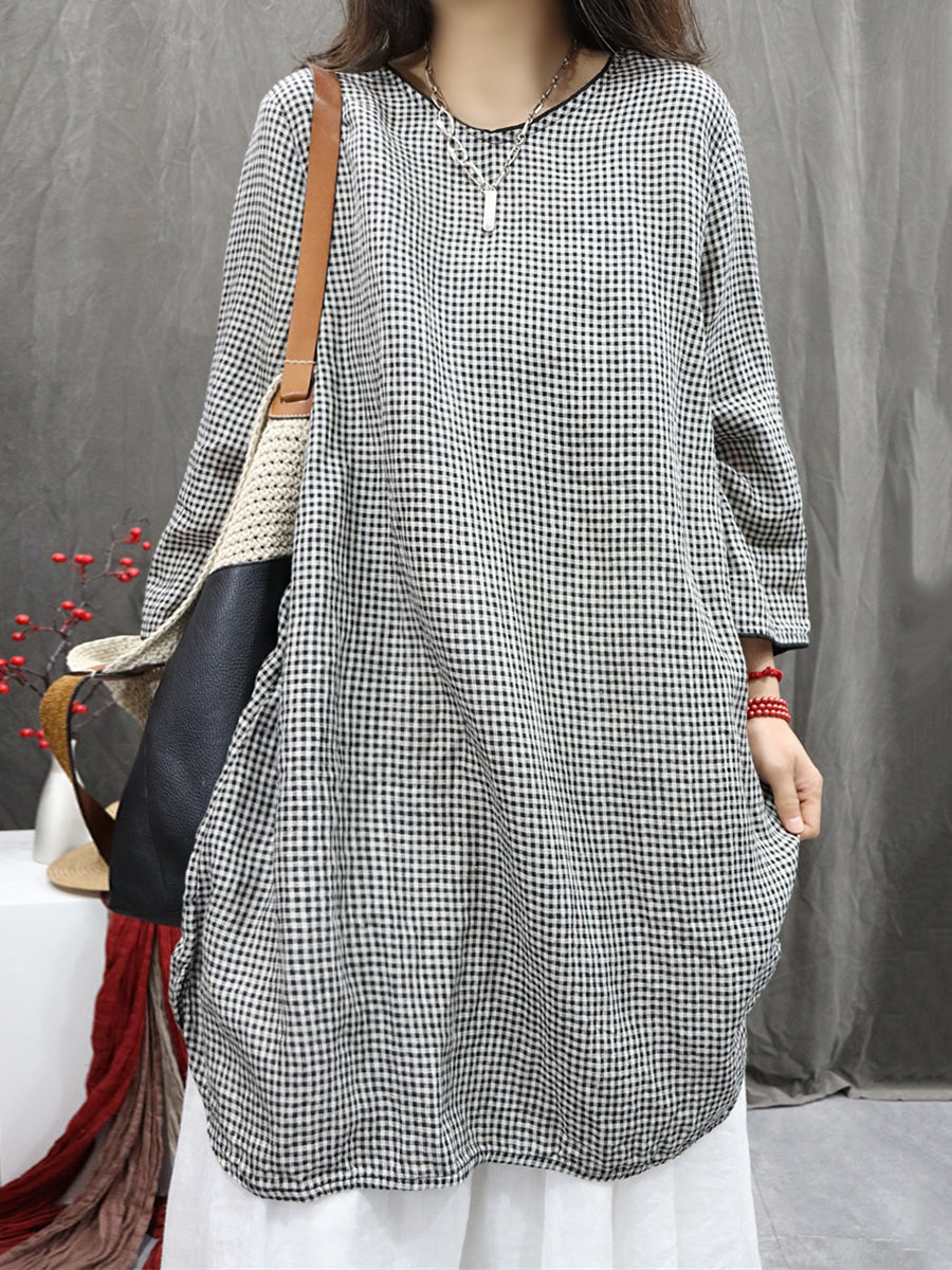 Plus Size Women Vintage Plaid O-Neck Long Blouse