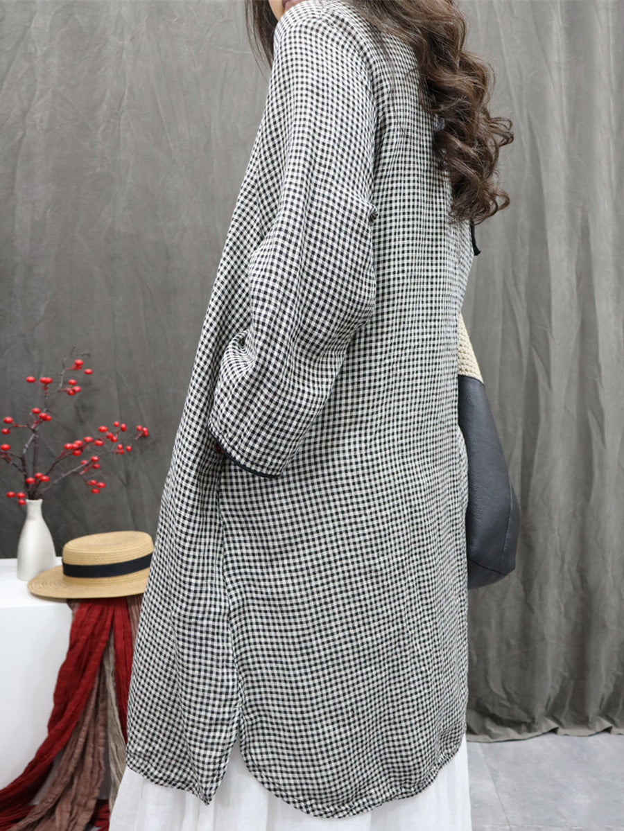 Plus Size Women Vintage Plaid O-Neck Long Blouse