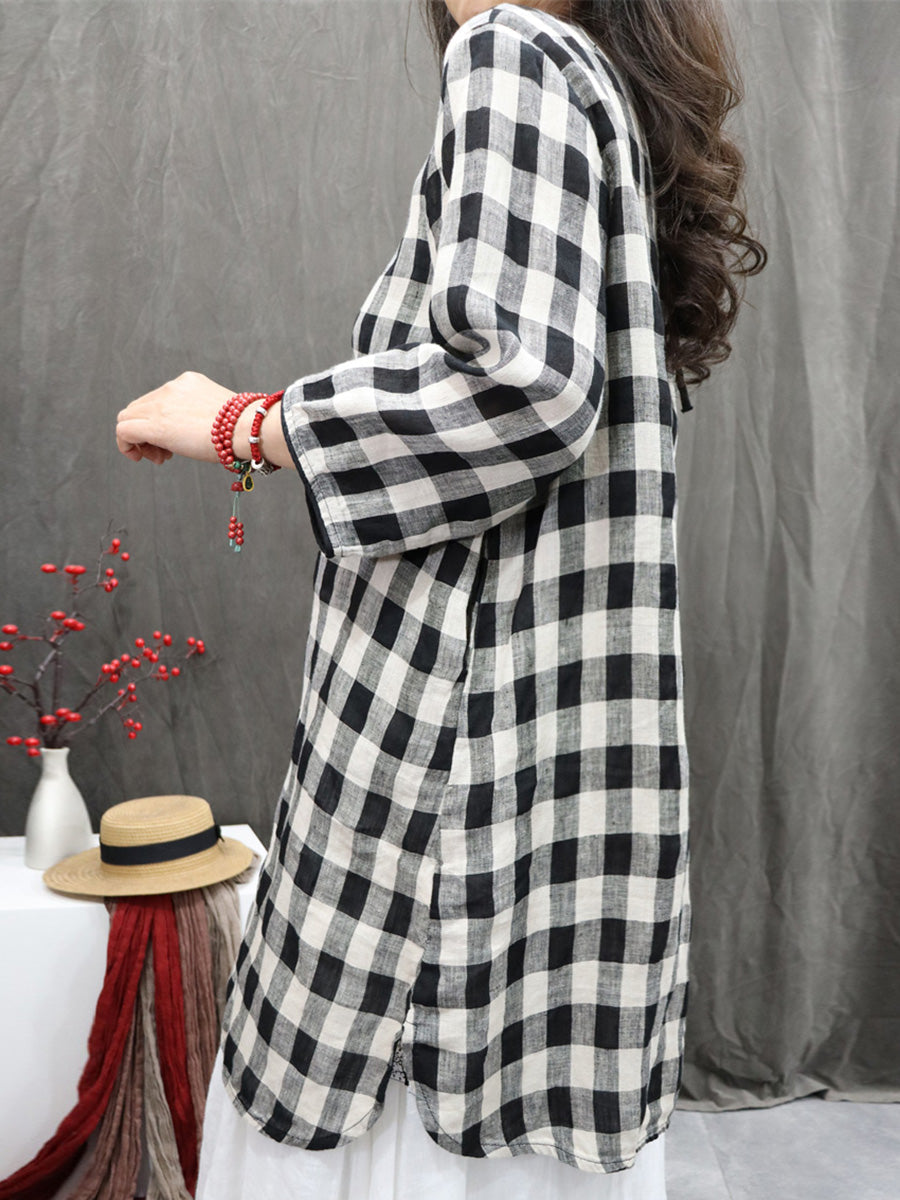 Plus Size Women Vintage Plaid O-Neck Long Blouse