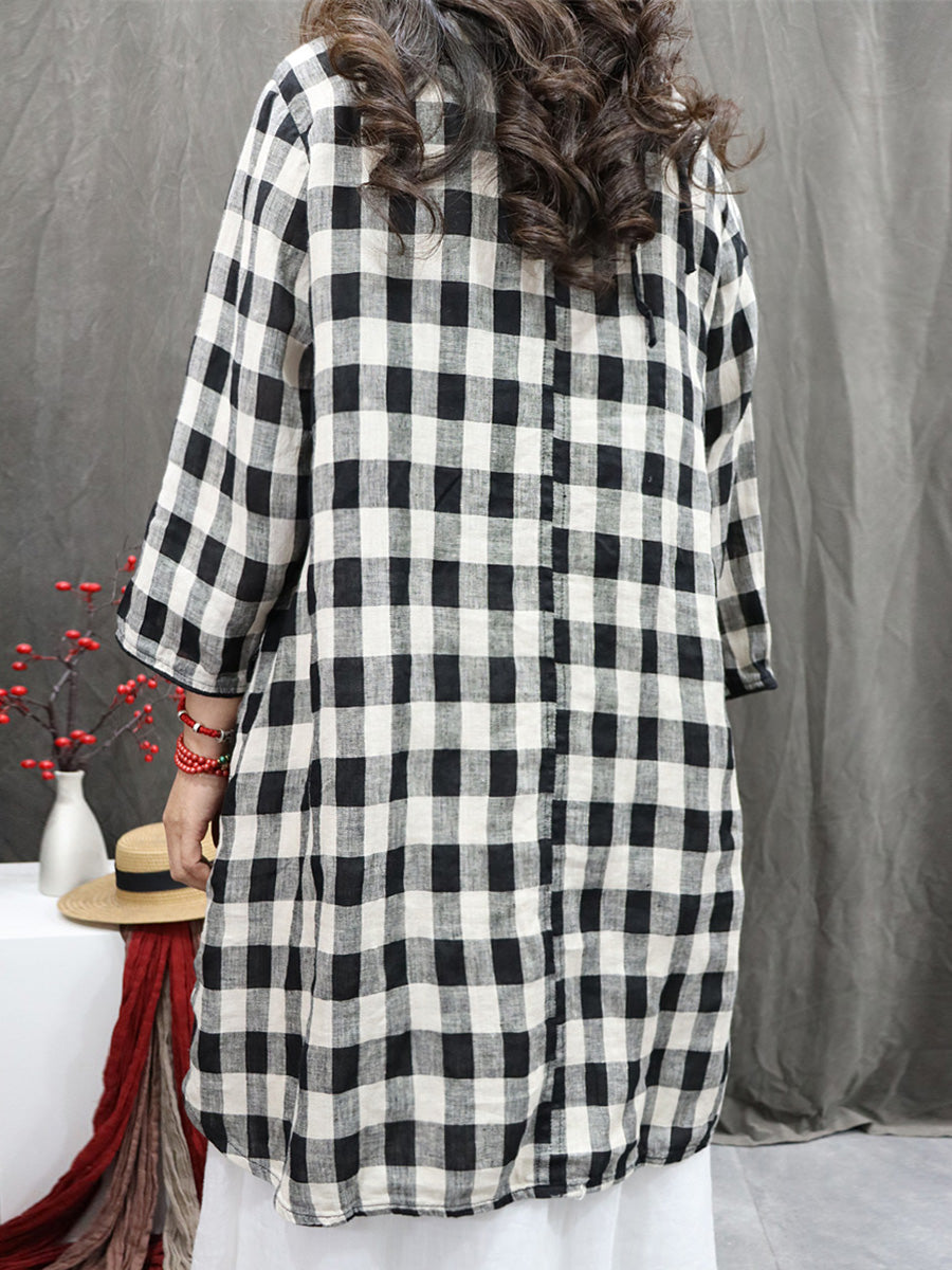 Plus Size Women Vintage Plaid O-Neck Long Blouse