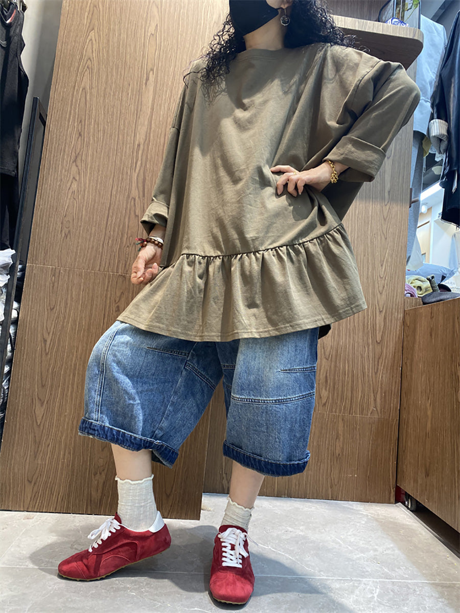 Plus Size Women Spring Pure Color Ruffles Hem Cotton Blouse