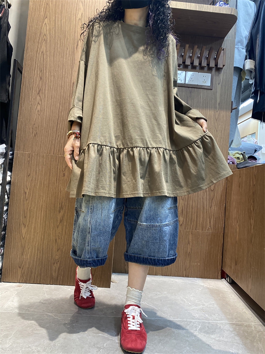 Plus Size Women Spring Pure Color Ruffles Hem Cotton Blouse