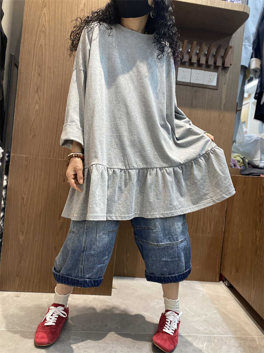 Plus Size Women Spring Pure Color Ruffles Hem Cotton Blouse