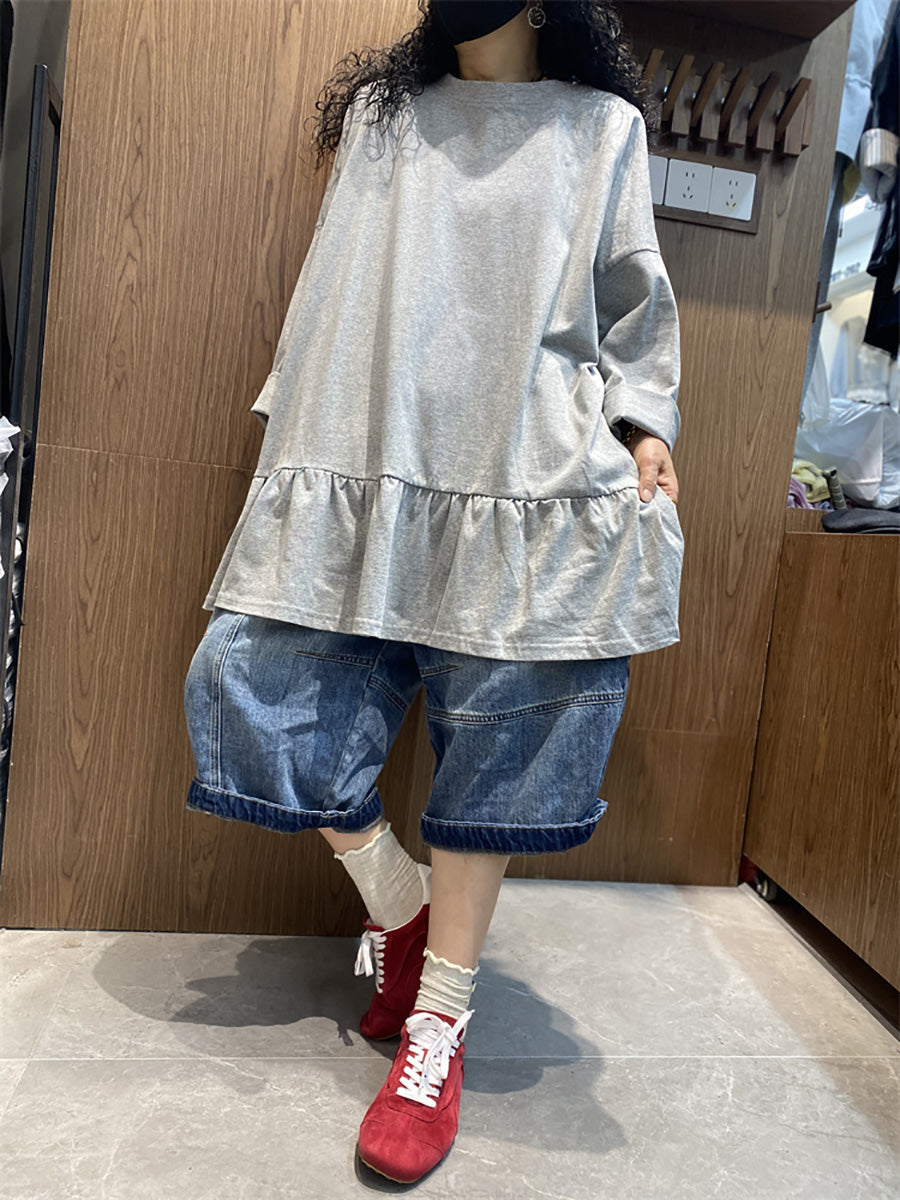 Plus Size Women Spring Pure Color Ruffles Hem Cotton Blouse