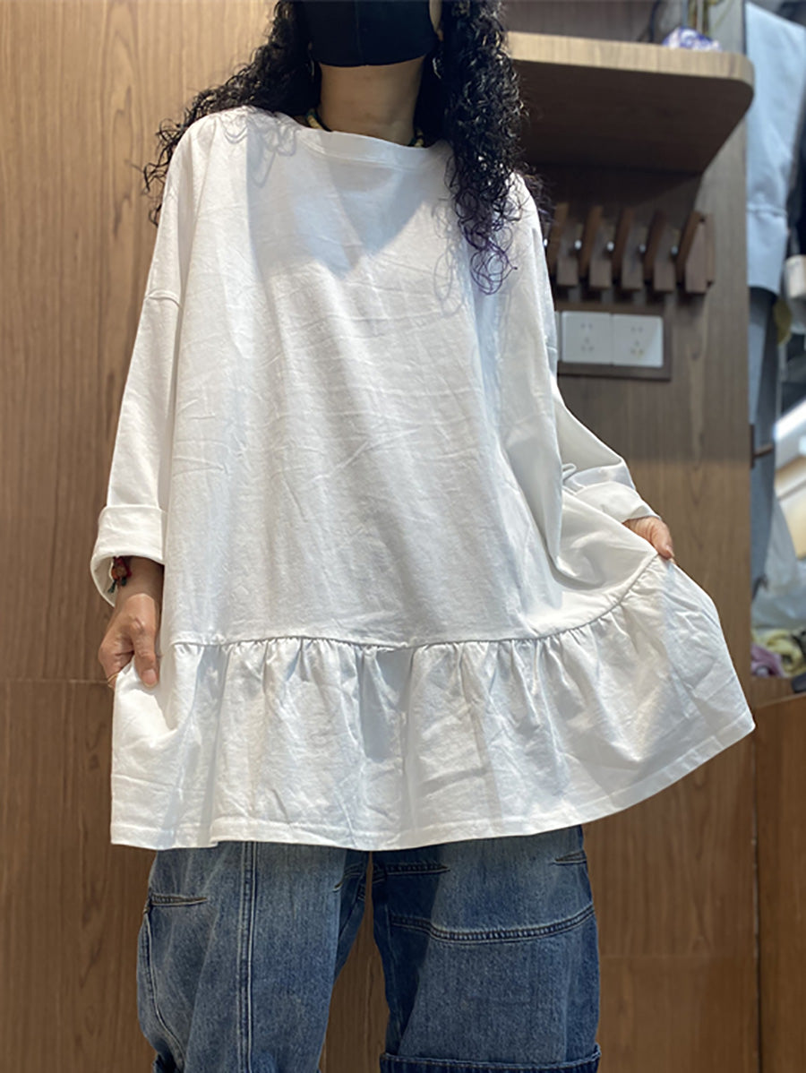 Plus Size Women Spring Pure Color Ruffles Hem Cotton Blouse