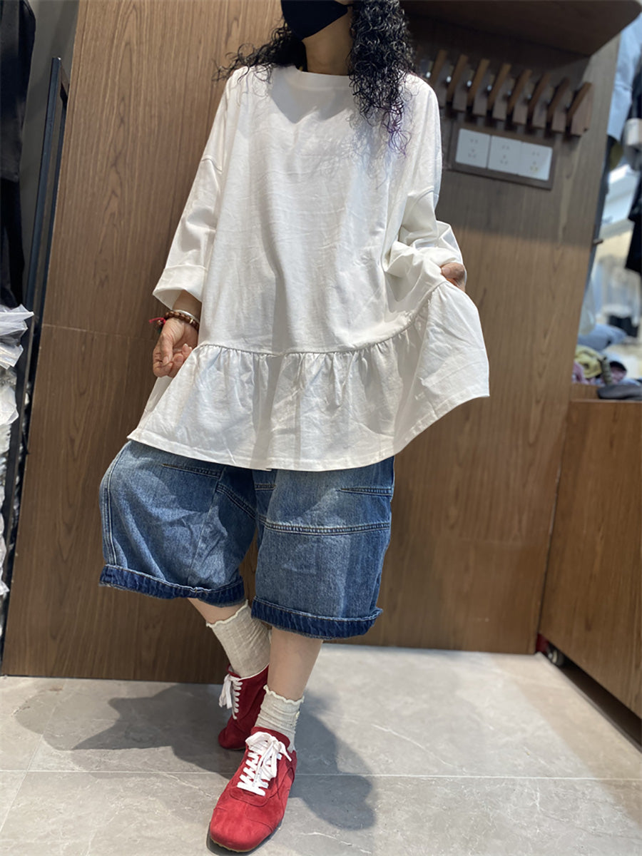 Plus Size Women Spring Pure Color Ruffles Hem Cotton Blouse