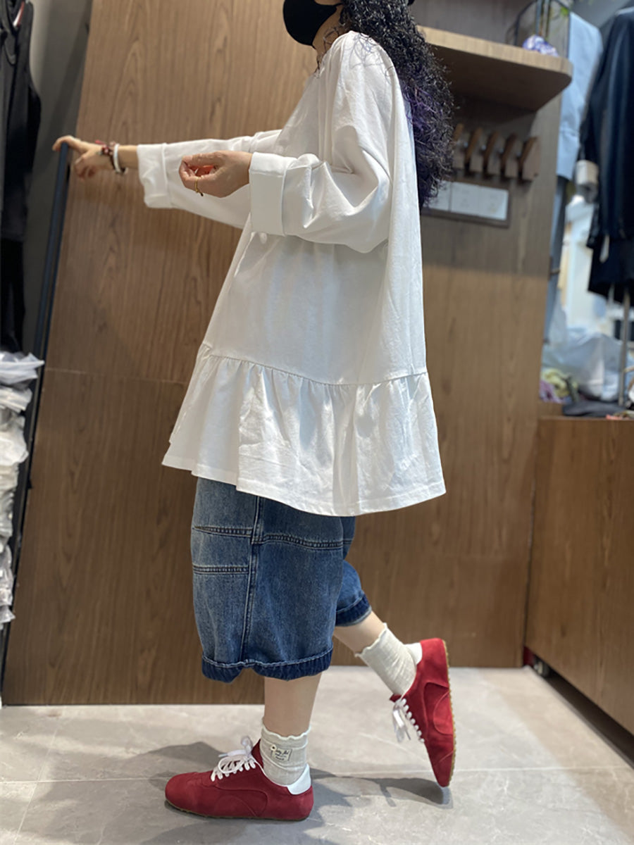 Plus Size Women Spring Pure Color Ruffles Hem Cotton Blouse