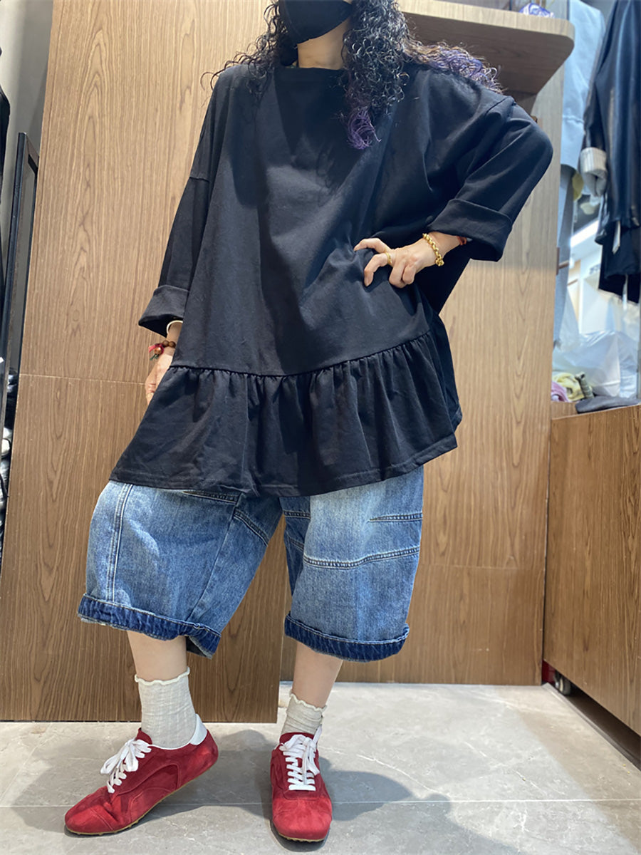 Plus Size Women Spring Pure Color Ruffles Hem Cotton Blouse