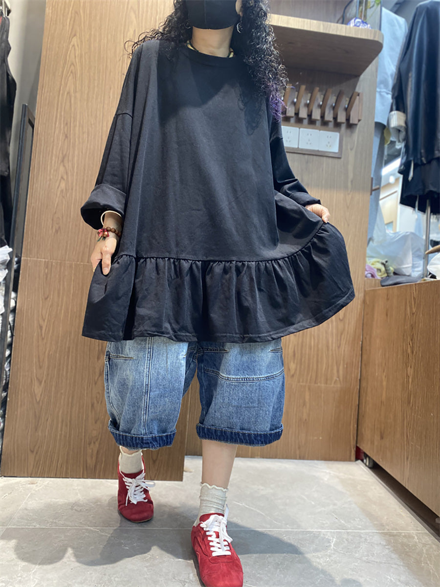 Plus Size Women Spring Pure Color Ruffles Hem Cotton Blouse