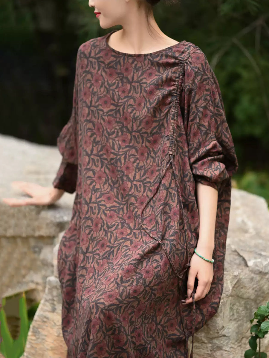 Plus Size Women Autumn Retro Flower 100%Cotton O-Neck Loose Maxi Dress
